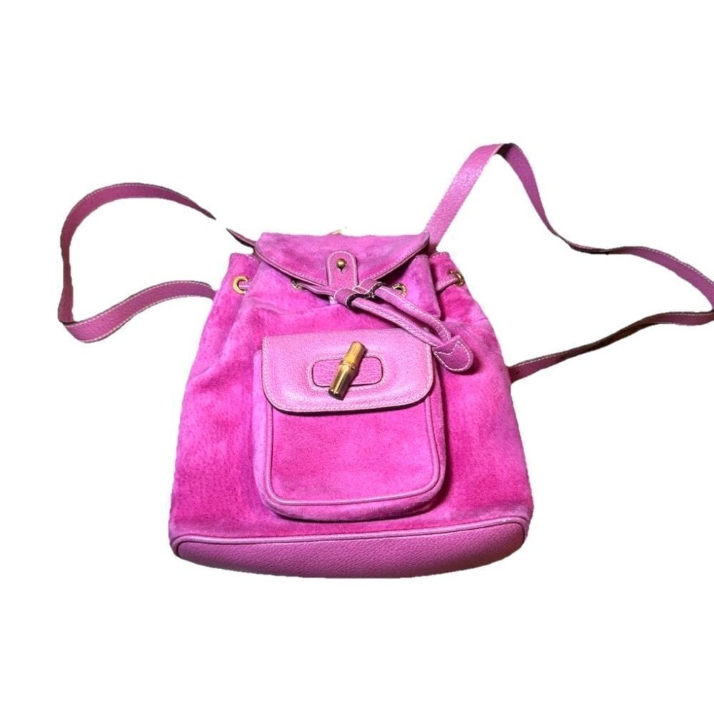 GUCCI Vintage Fuchsia Pink Suede Leather Mini Bamboo Backpack Napsack Auth - Picture 7 of 16